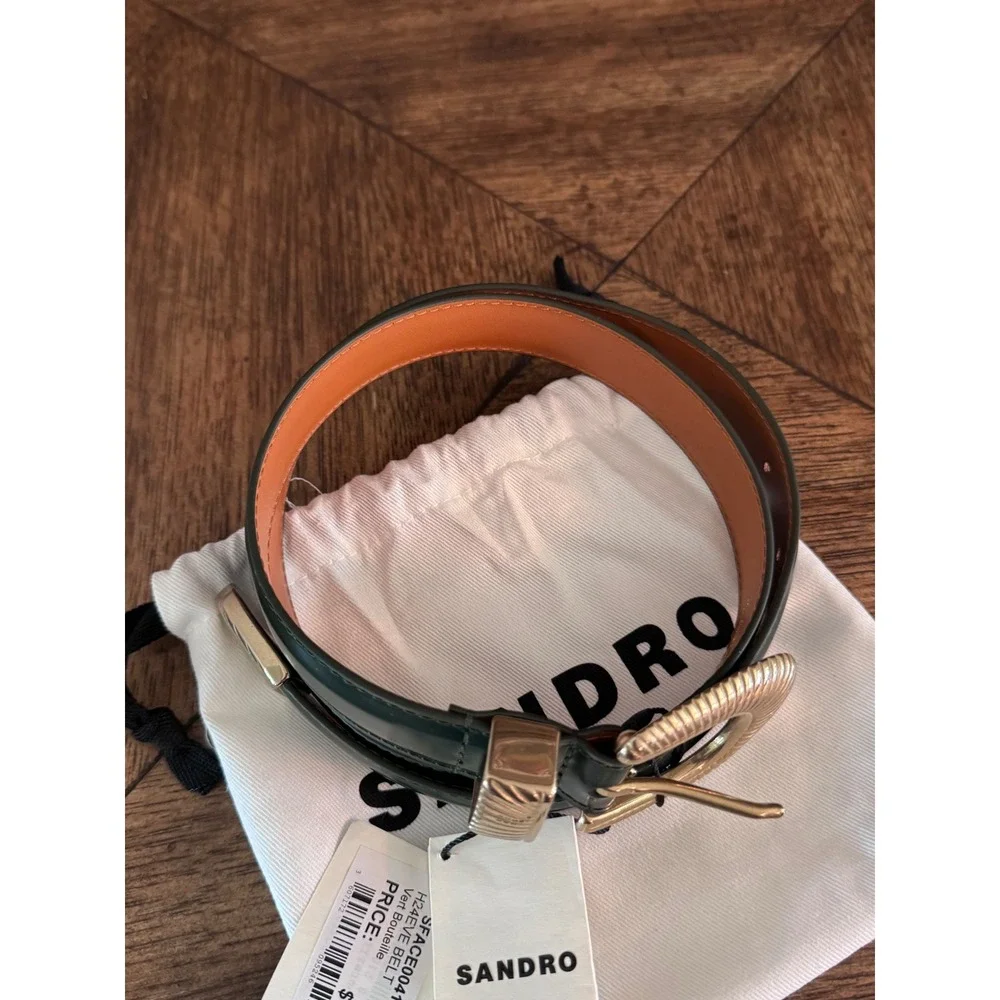 Sandro Paris Eve Leather Belt Vert Bouteille Green Gold Buckle Size 1 SFACE00410